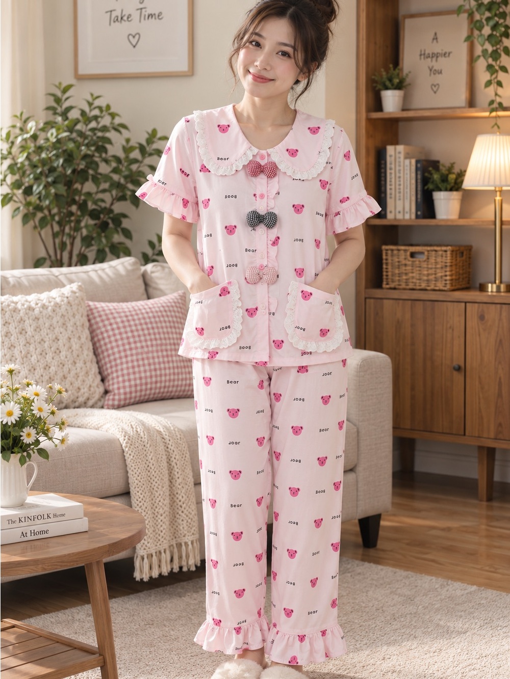 Pink Bear-Print Cotton Pajama Set with Ruffle Trim